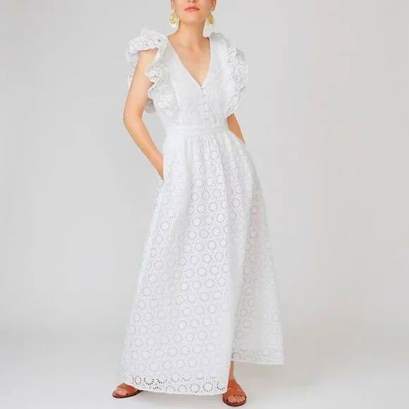 J.Crew V-Neck Ruffled Sleeve Eyelet Maxi Dress White Size 2 - Picture 1 of 11